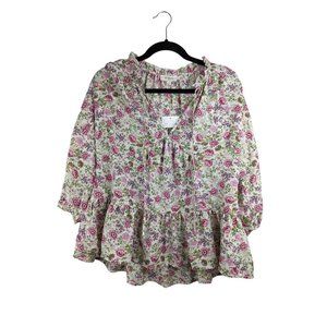 Umgee like new Womens Peasant Top Size S 3/4 Sleeve V-Neck Floral Ruffle Neck